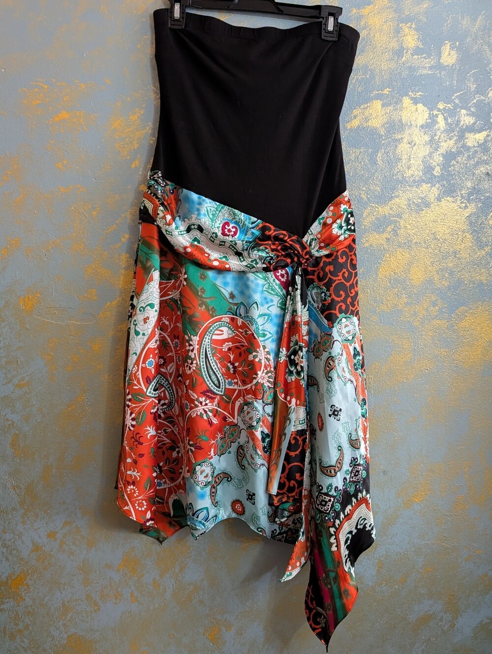 Cache Vintage Black Strapless Dress with Red, Teal & White Paisley Skirt